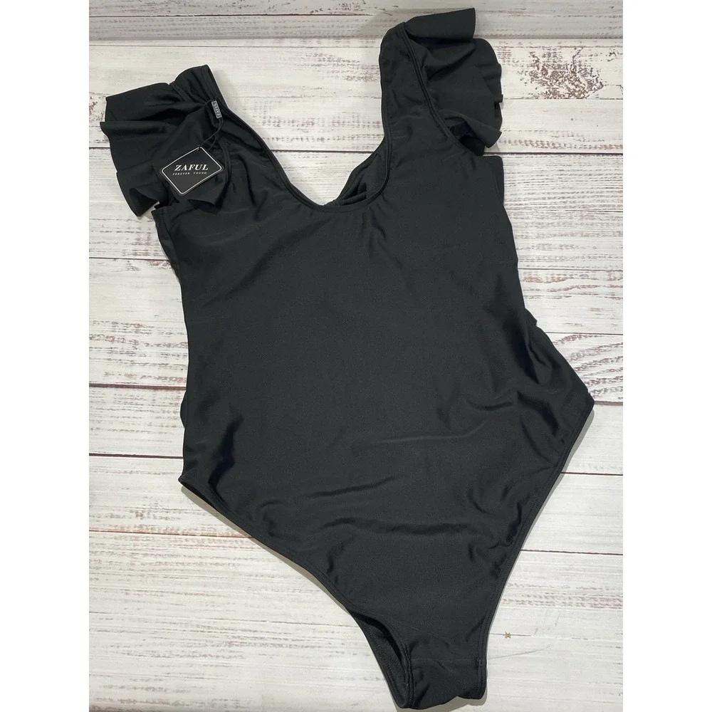 ZAFUL Swimsuit Women Large Black Maternity Ruffle Cutout Front Tie‎ One Piece